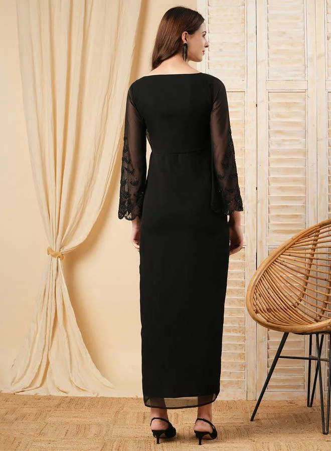 Mish  Beaded Georgette Maxi Dress with Slit Hem for Women | Best Price UAE