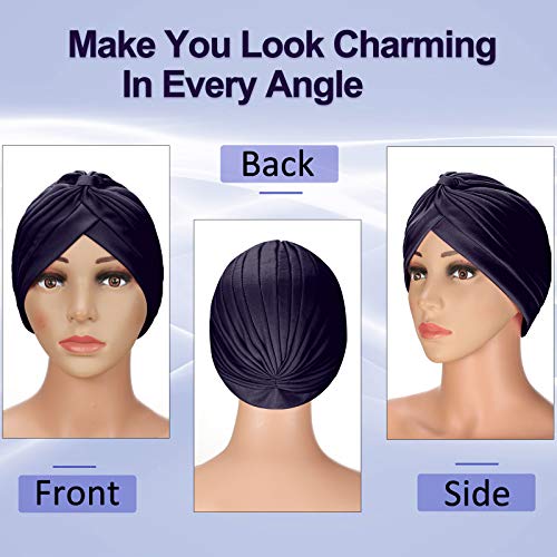 Syhood 4 Pieces Turbans for Women Head Wraps for Women Beanie Headwraps,4 Colors(Navy Blue, Coffee, Green, Dark Gray) - Image 4