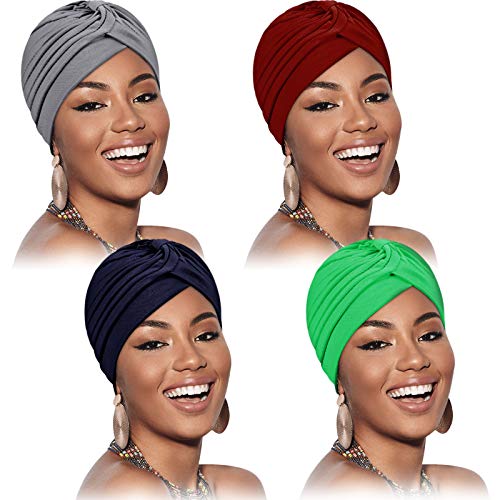 Syhood 4 Pieces Turbans for Women Head Wraps for Women Beanie Headwraps,4 Colors(Navy Blue, Coffee, Green, Dark Gray) - Image 1