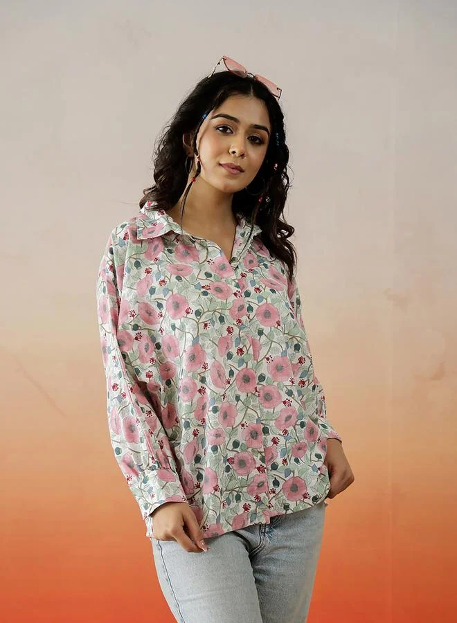 sanskrutihomes Floral Printed Buttoned Cotton Top by Styli
