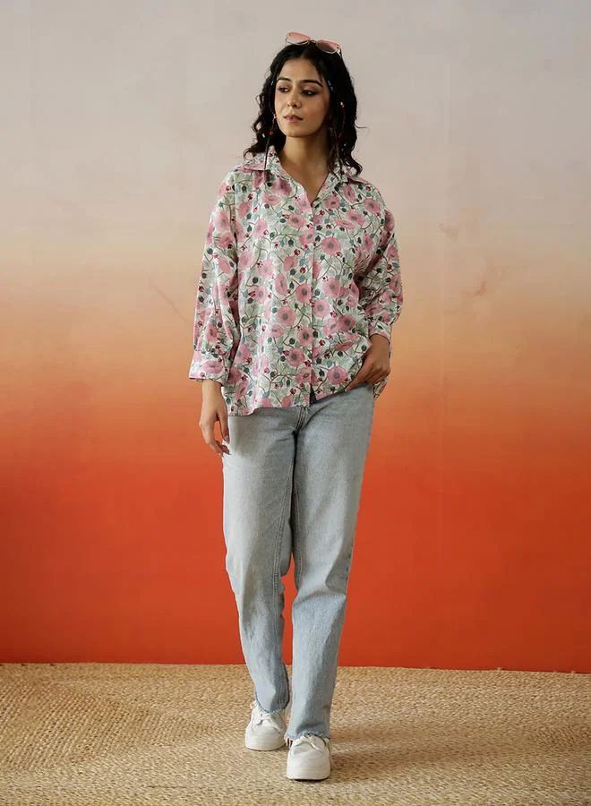 sanskrutihomes Floral Printed Buttoned Cotton Top by Styli