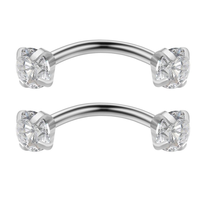 Ruifan 2PCS 16G 3/8" (10MM) Stainless Steel 3mm Cubic Zirconia Gem Internally Thread Curved Barbell Eyebrow Tragus Lip Ring Piercing Jewelry - Silver - Image 3