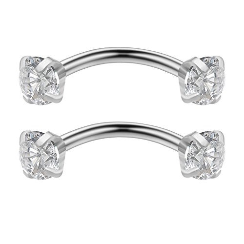 Ruifan 2PCS 16G 3/8" (10MM) Stainless Steel 3mm Cubic Zirconia Gem Internally Thread Curved Barbell Eyebrow Tragus Lip Ring Piercing Jewelry - Silver - Image 1
