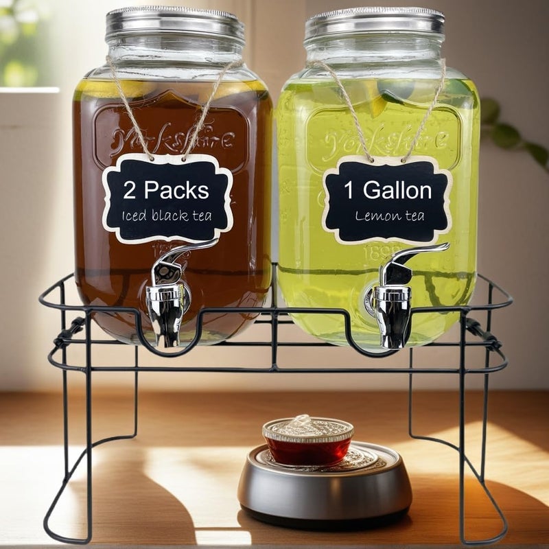 HENABLE 1 Gallon Glass Drink Dispenser for Parties, 2 Packs Juice Lemonade Ice Tea Water Dispenser with Stand, Beverage Dispensers with Spigot for BBQ, Picnic, Party - Image 3