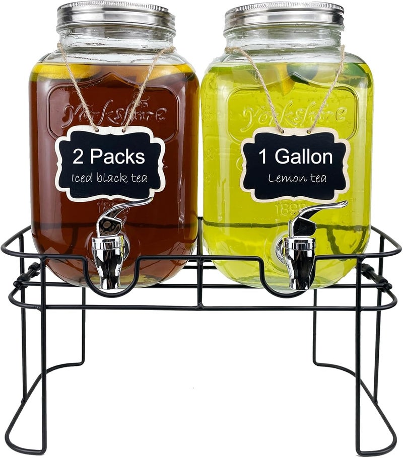 HENABLE 1 Gallon Glass Drink Dispenser for Parties, 2 Packs Juice Lemonade Ice Tea Water Dispenser with Stand, Beverage Dispensers with Spigot for BBQ, Picnic, Party - Image 1