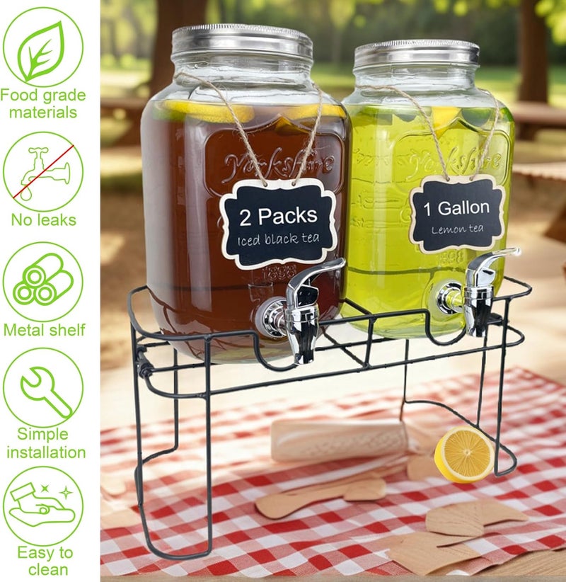 HENABLE 1 Gallon Glass Drink Dispenser for Parties, 2 Packs Juice Lemonade Ice Tea Water Dispenser with Stand, Beverage Dispensers with Spigot for BBQ, Picnic, Party - Image 4