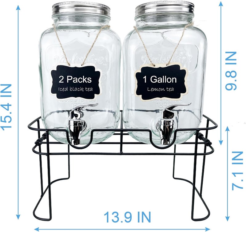 HENABLE 1 Gallon Glass Drink Dispenser for Parties, 2 Packs Juice Lemonade Ice Tea Water Dispenser with Stand, Beverage Dispensers with Spigot for BBQ, Picnic, Party - Image 2