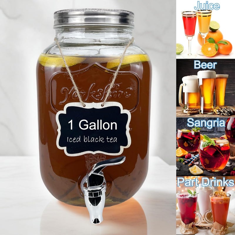 HENABLE 1 Gallon Glass Drink Dispenser for Parties, 2 Packs Juice Lemonade Ice Tea Water Dispenser with Stand, Beverage Dispensers with Spigot for BBQ, Picnic, Party - Image 5