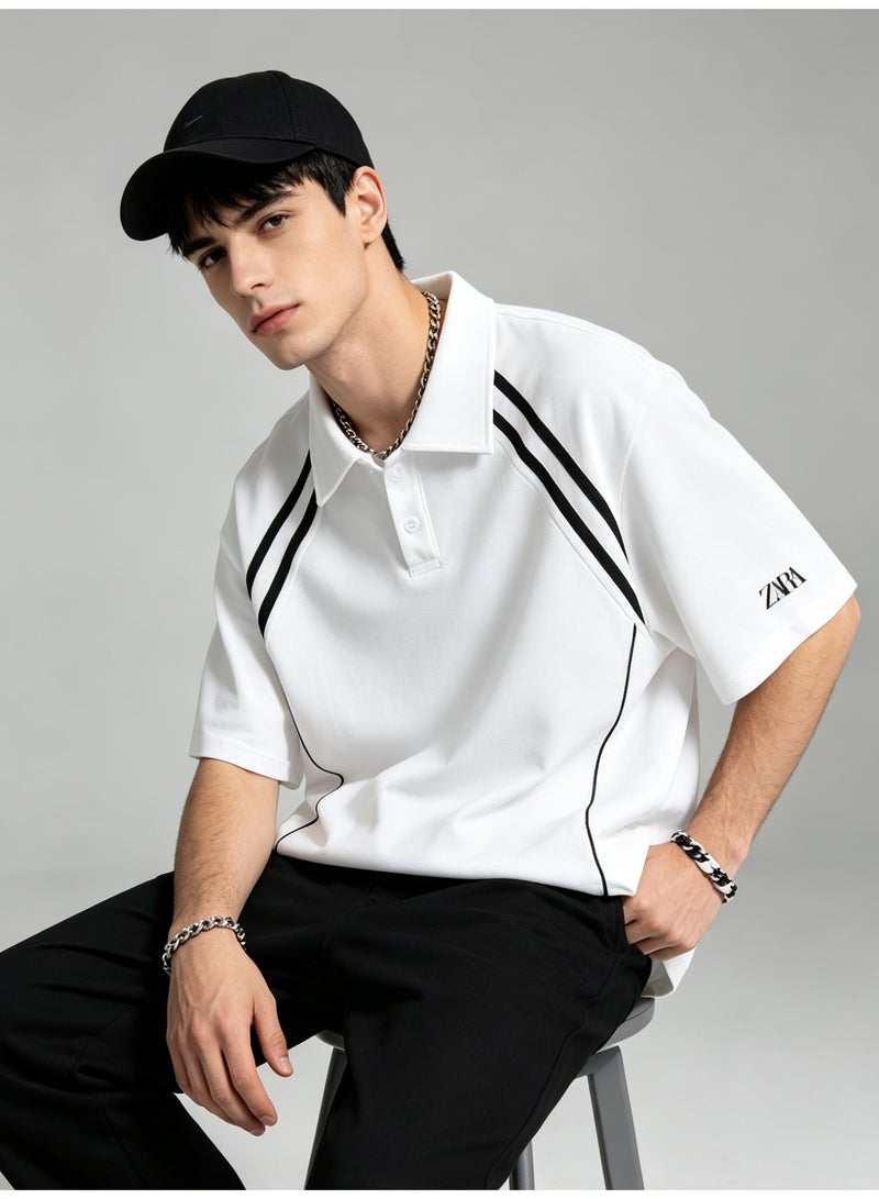 Zara shoulder parallel bars cotton couple summer loose sports contrast color short sleeve lapel POLO shirt for men and women. - Image 1