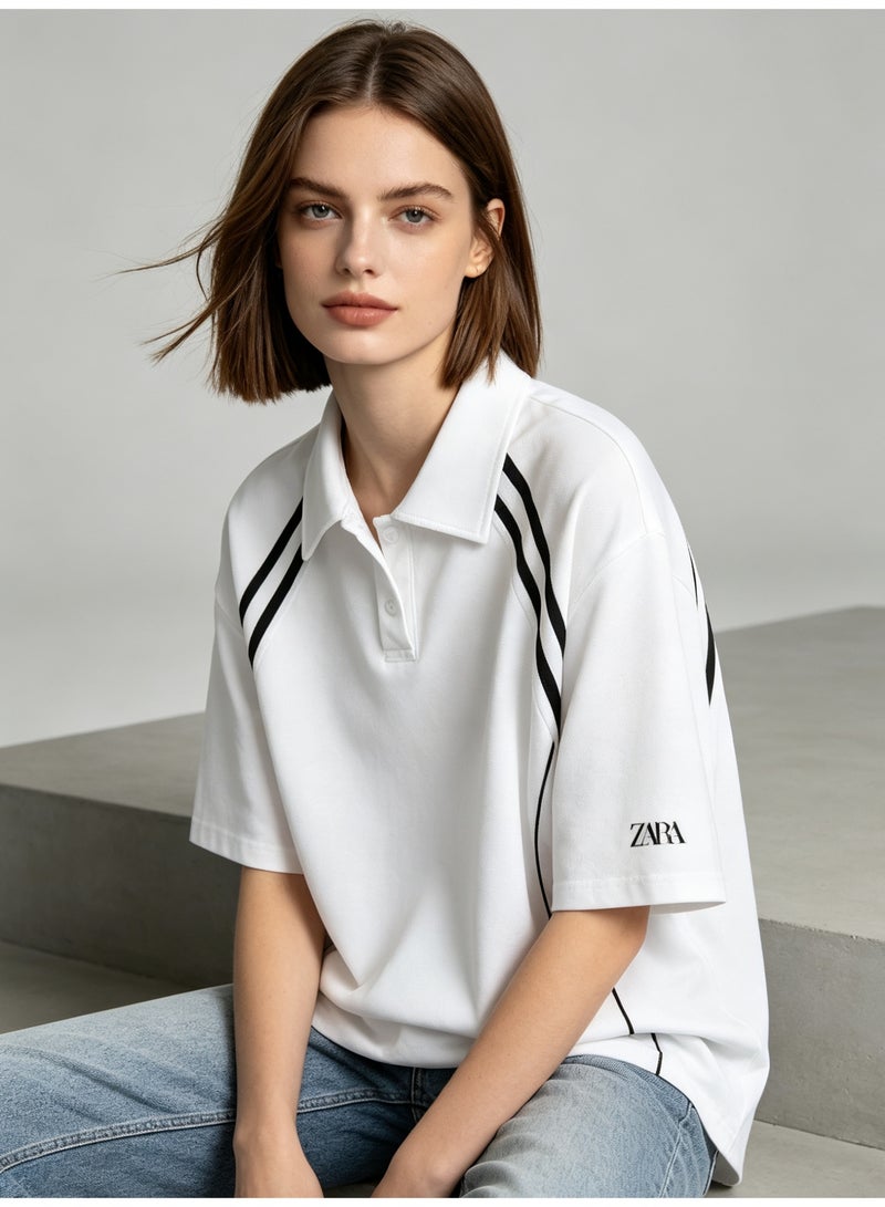 Zara shoulder parallel bars cotton couple summer loose sports contrast color short sleeve lapel POLO shirt for men and women. - Image 2