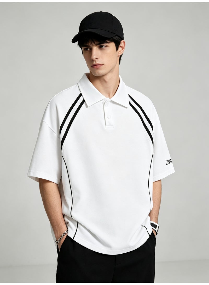 Zara shoulder parallel bars cotton couple summer loose sports contrast color short sleeve lapel POLO shirt for men and women. - Image 5