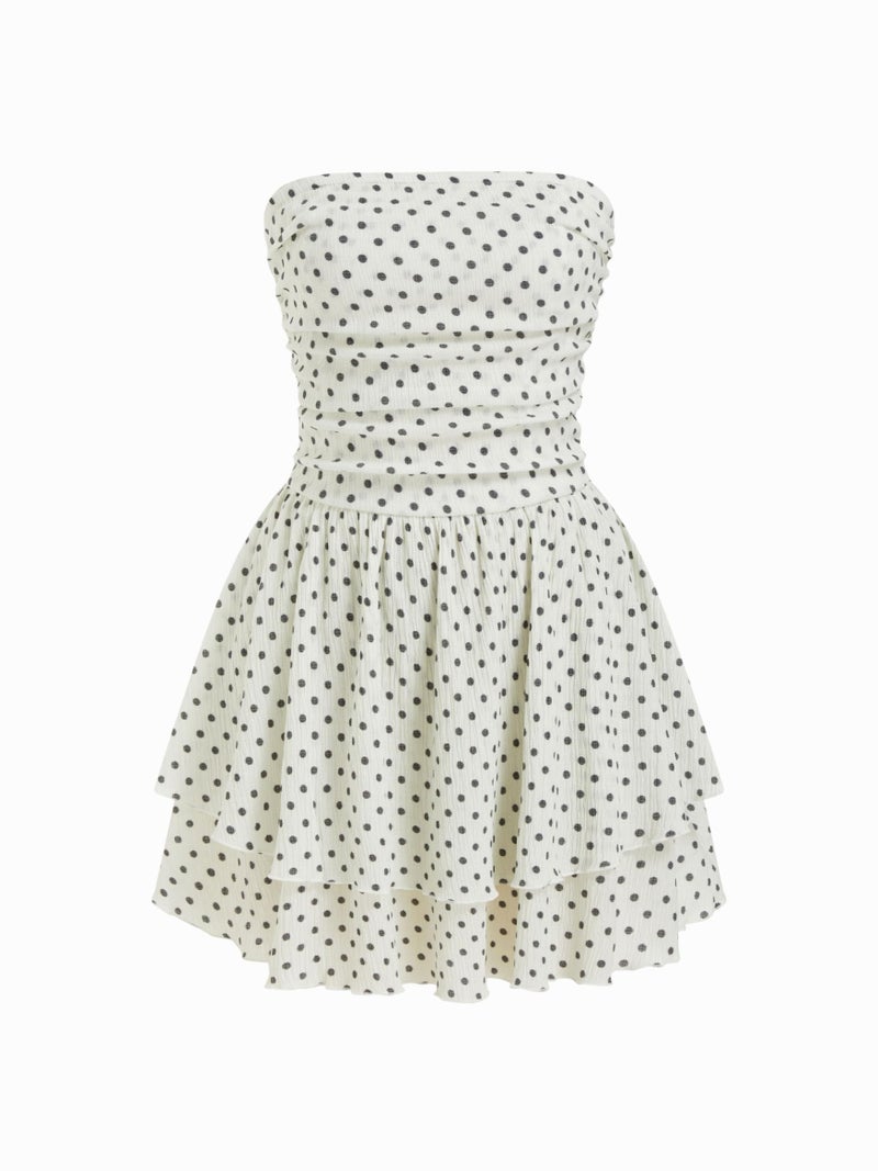 CIDER Women's Summer Cocktail Dress - Tube Ruched Ruffle Mini Dress Polka Dot Cream, S - Image 1