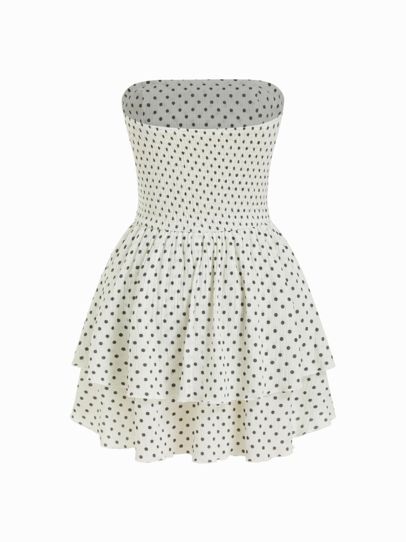 CIDER Women's Summer Cocktail Dress - Tube Ruched Ruffle Mini Dress Polka Dot Cream, S - Image 5