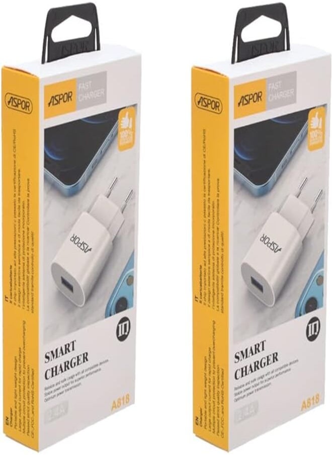 Aspor Aspor A818 Fast Charger With IQ 2.4 A Output And 1 USB For Mobile Phone Set of 2 Pieces - White 