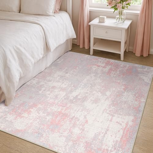 RELEANY Washable Area Rugs 4'x6' Non-Slip Modern Abstract Soft for Living Room Entryway Bedroom Nursery, Print Pattern, Grey Pink - Image 3