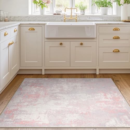 RELEANY Washable Area Rugs 4'x6' Non-Slip Modern Abstract Soft for Living Room Entryway Bedroom Nursery, Print Pattern, Grey Pink - Image 4
