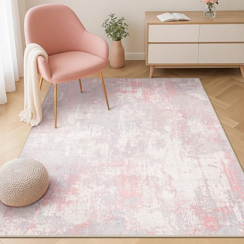 RELEANY Washable Area Rugs 4'x6' Non-Slip Modern Abstract Soft for Living Room Entryway Bedroom Nursery, Print Pattern, Grey Pink - Image 1