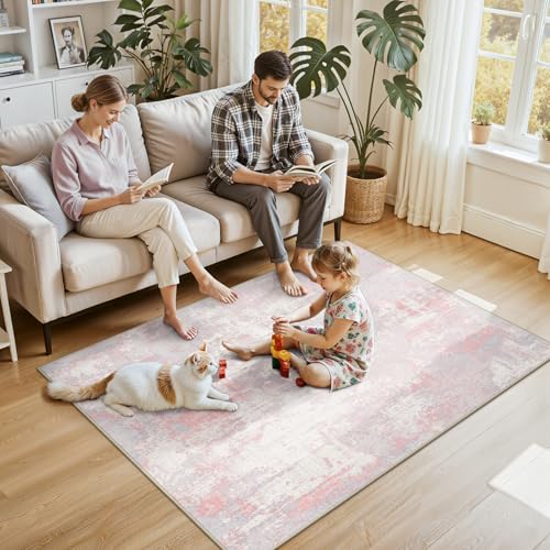 RELEANY Washable Area Rugs 4'x6' Non-Slip Modern Abstract Soft for Living Room Entryway Bedroom Nursery, Print Pattern, Grey Pink - Image 2
