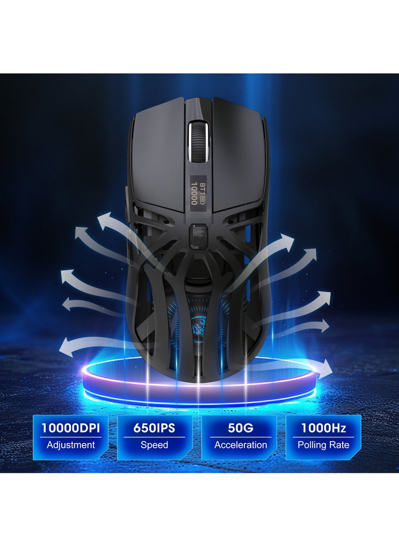 Rock Pow Wireless Gaming Mouse,Tri-Mode Bluetooth/2.4G/Wired Mouse, 6 Buttons with Adjustable 10000 DPI, BT5.1 Rechargeable RGB Backlight Gaming Mice for PC/Mac/Laptop, Power Digital Display Silent Mice  - Image 2