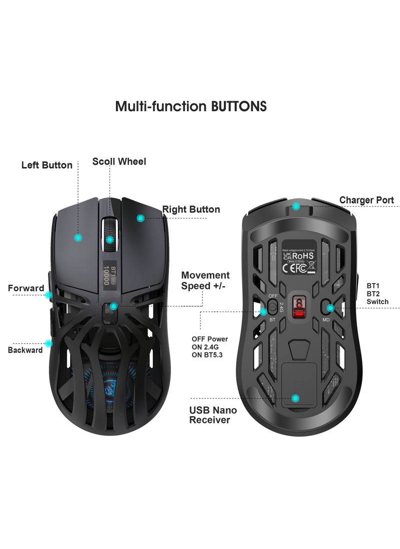 Rock Pow - Wireless Gaming Mouse,Tri-Mode Bluetooth/2.4G/Wired Mouse, 6 Buttons with Adjustable 10000 DPI, BT5.1 Rechargeable RGB Backlight Gaming Mice for PC/Mac/Laptop, Power Digital Display Silent Mice - Image 1