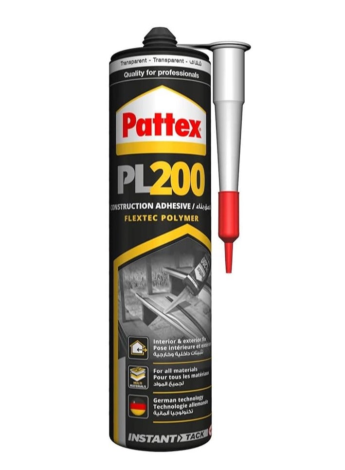 Pattex PL200 Multi-Purpose Construction Adhesive, Clear Color, for Interior and Exterior Use - Instant Bonding Strength and Easy Application for All Building Materials - Strong Alternative to Nails and Screws for Long-Lasting Professional Results - Image 1