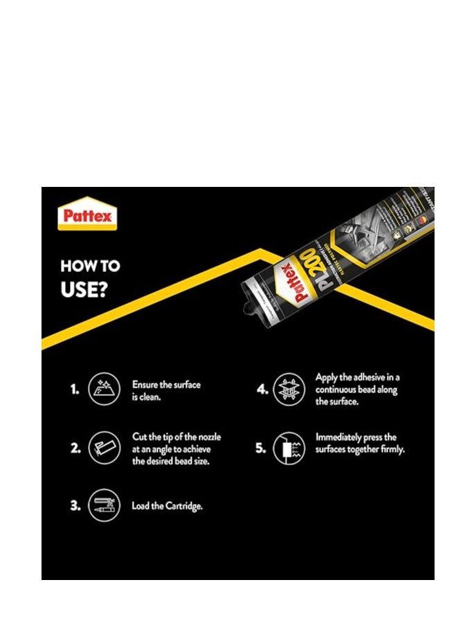 Pattex PL200 Multi-Purpose Construction Adhesive, Clear Color, for Interior and Exterior Use - Instant Bonding Strength and Easy Application for All Building Materials - Strong Alternative to Nails and Screws for Long-Lasting Professional Results - Image 4