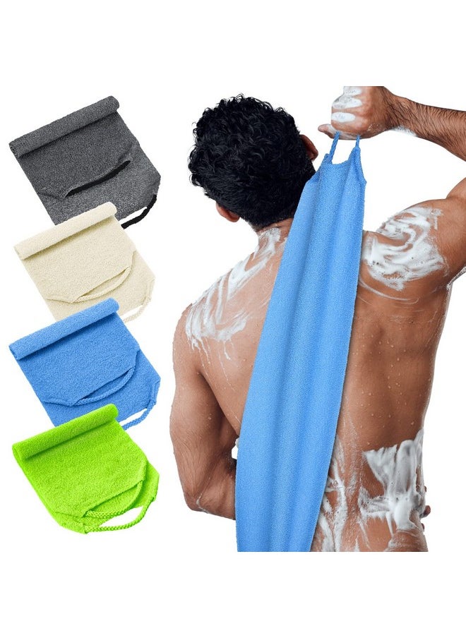 Moukeren - Exfoliating Back Scrubber With Handles 4 Packs Nylon Back Exfoliator Extended Length Back Washers Scrubbers Stretchable Pull Strap Exfoliating Washcloth (Dark Blue, Gray, Beige, Fluorescent Green) - Image 1