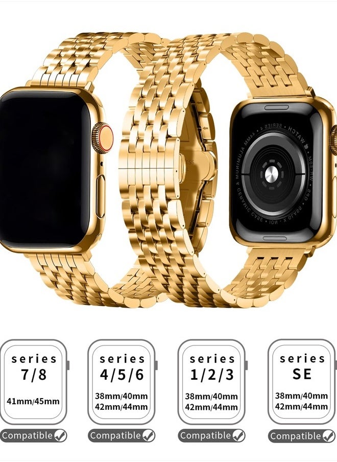 QUNDAXI - for Apple Watch Band 40mm 41mm 38mm 45mm 44mm 42mm Series 8 7 6 5 4 3 2 1 SE SE2 Women and Men Watchband,Stainless Steel Metal for iWatch Bands (42mm 44mm 45mm, Gold) - Image 1