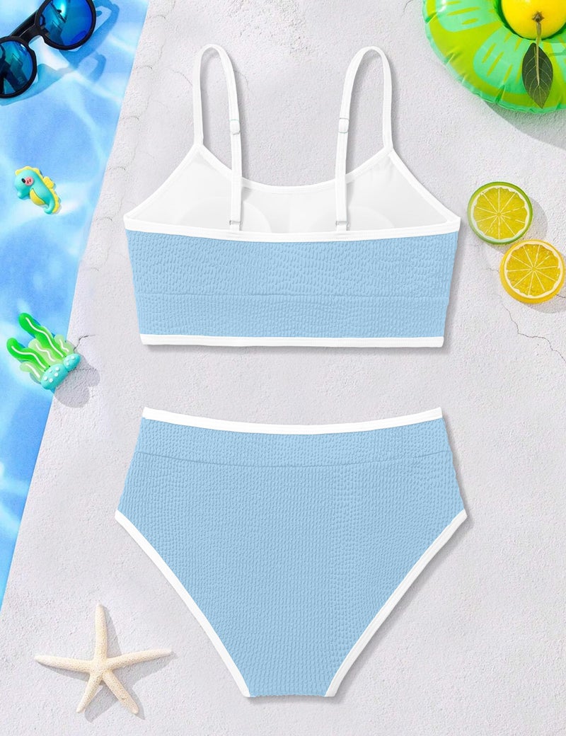ZAANTI Swimsuits for Teen Girls Crew Neck Solid Color Contrast Trim Teen Bathing Suits for Girls 12-14 Adjustable Shoulder Strap Two Piece Bikini Sets with Chest Pad Light Blue+White - Image 5