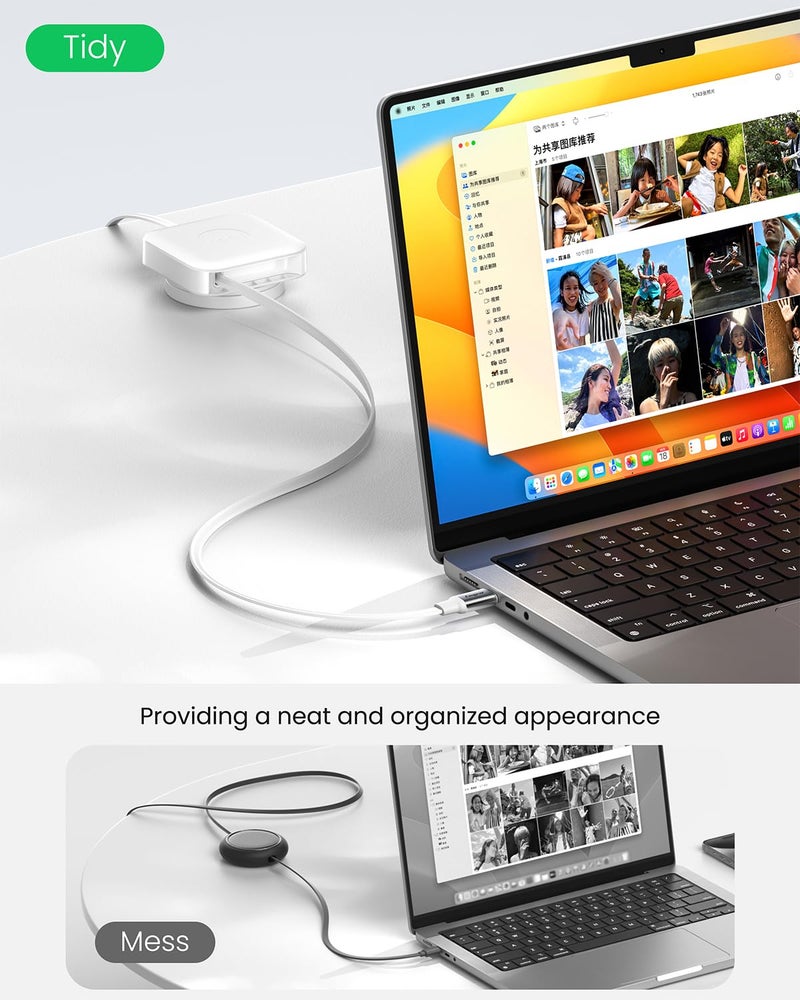 فاسجير كابل القابل للسحب من نوع USB C، شحن سريع بقدرة 60 واط PD/PPS، كابل شحن قابل للسحب من USB C إلى USB C لهواتف i-Phone 17 16 Pro/i-Pad Pro/Mac-Book/Sam-sung، كابل مكتبي من نوع C قابل للدوران 360 درجة (1.4 متر، أبيض نقي) - Image 5