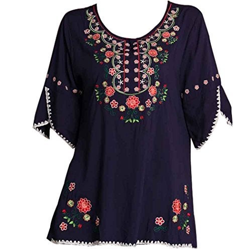 Kafeimali Women's Embroidery Mexican Bohemian Cotton Tops Shirt Tunic Blouses (Navy Blue) - Image 1