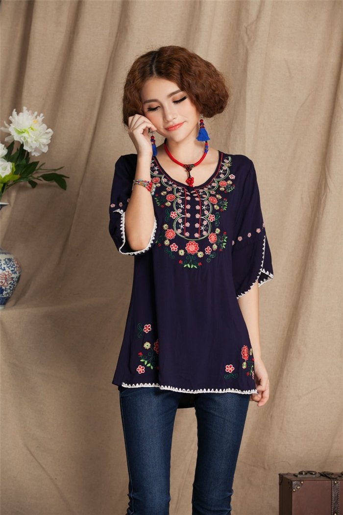 Kafeimali Women's Embroidery Mexican Bohemian Cotton Tops Shirt Tunic Blouses (Navy Blue) - Image 2