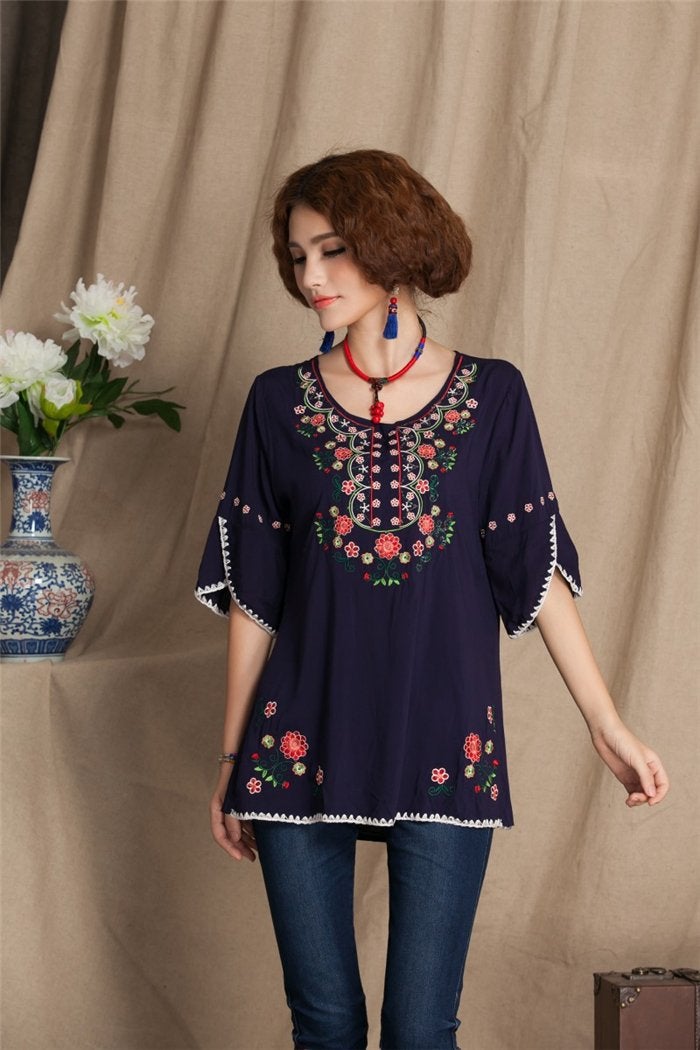 Kafeimali Women's Embroidery Mexican Bohemian Cotton Tops Shirt Tunic Blouses (Navy Blue) - Image 3
