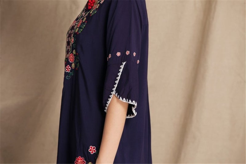 Kafeimali Women's Embroidery Mexican Bohemian Cotton Tops Shirt Tunic Blouses (Navy Blue) - Image 5