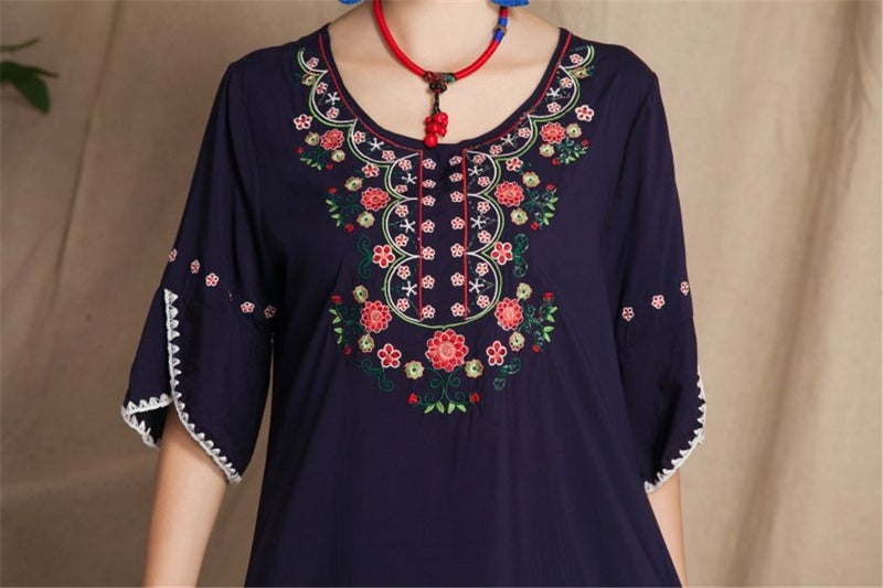 Kafeimali Women's Embroidery Mexican Bohemian Cotton Tops Shirt Tunic Blouses (Navy Blue) - Image 4