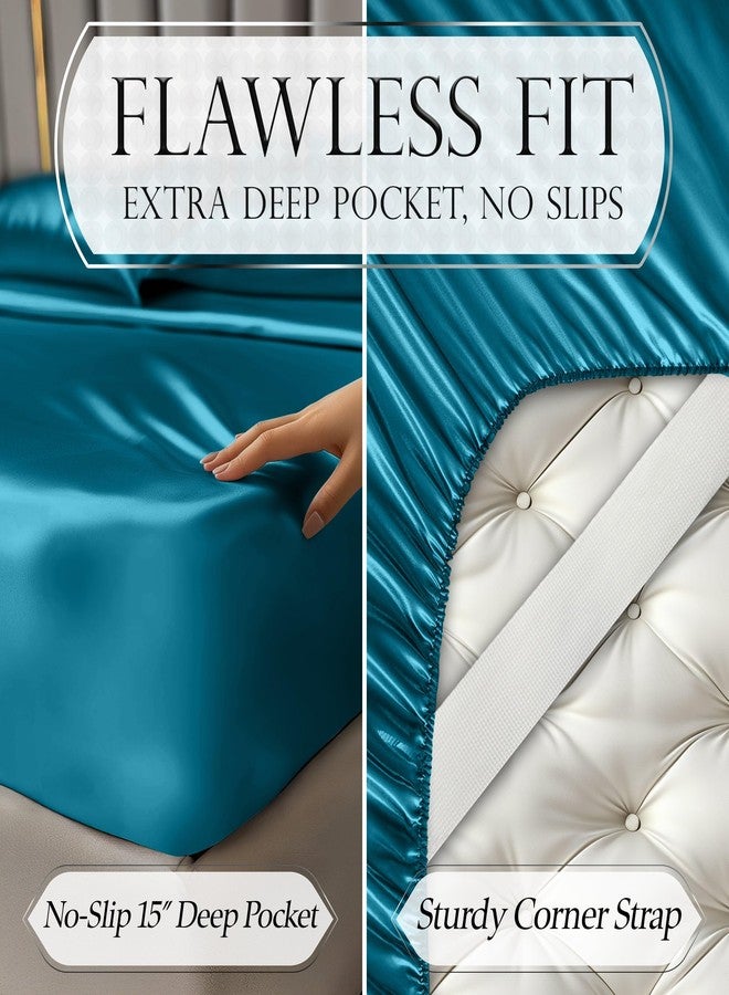 DECOLURE Satin Bed Sheets - 4 Piece Luxury Silky King Size Bedding Set - Softer Than Silk, Wrinkle-Free with 15” Deep Pocket Fitted Sheet, Perfect for Hair & Skin, Gifts for Women (Sea Teal-01) - Image 5