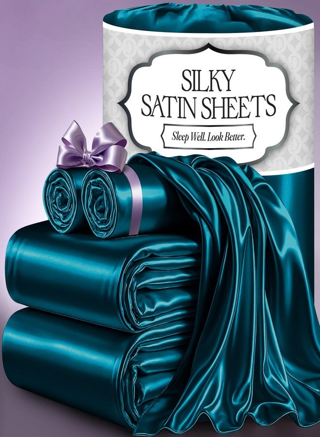 DECOLURE Satin Bed Sheets - 4 Piece Luxury Silky King Size Bedding Set - Softer Than Silk, Wrinkle-Free with 15” Deep Pocket Fitted Sheet, Perfect for Hair & Skin, Gifts for Women (Sea Teal-01) - Image 1