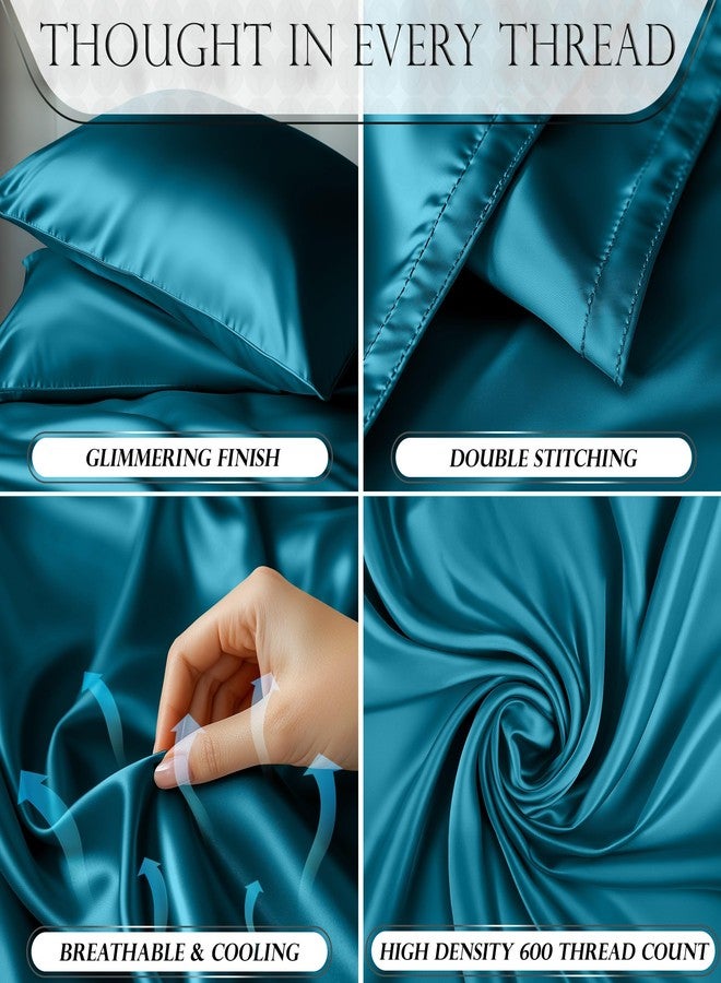 DECOLURE Satin Bed Sheets - 4 Piece Luxury Silky King Size Bedding Set - Softer Than Silk, Wrinkle-Free with 15” Deep Pocket Fitted Sheet, Perfect for Hair & Skin, Gifts for Women (Sea Teal-01) - Image 3