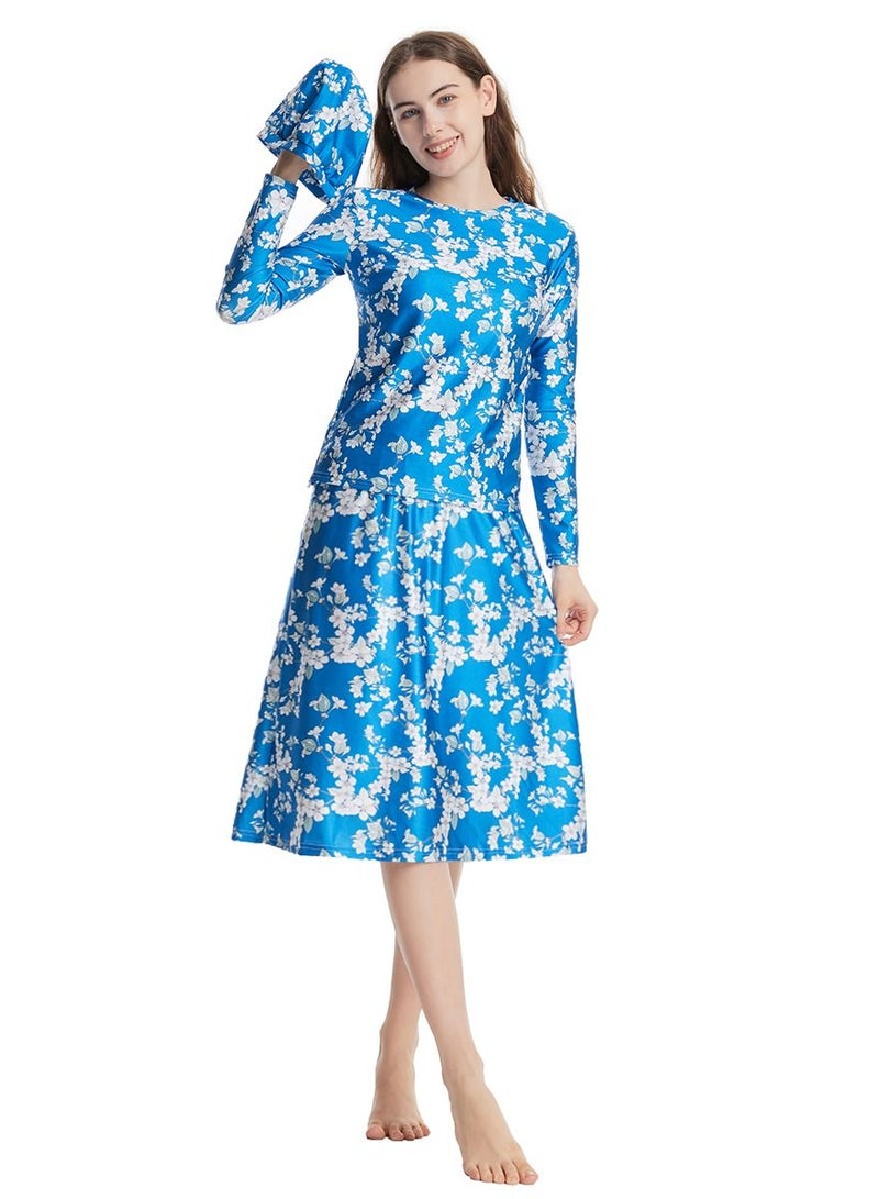 Loquat Round Neck 3-Piece Swimwear Set Conservative Style Long Sleeve Burkini Swimsuit Set Dark Blue Printed  - Image 1