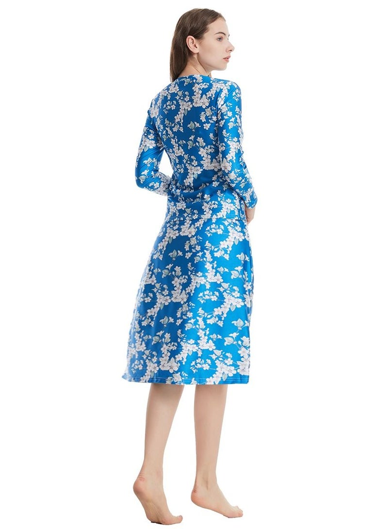 Loquat Round Neck 3-Piece Swimwear Set Conservative Style Long Sleeve Burkini Swimsuit Set Dark Blue Printed  - Image 2