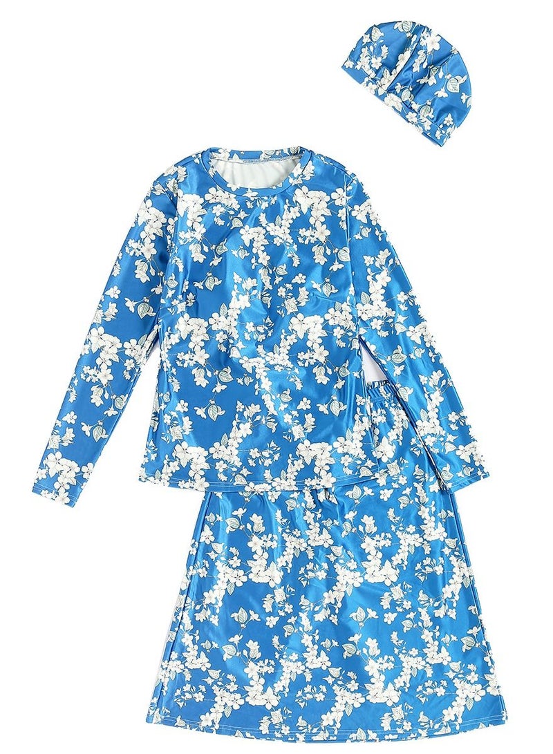 Loquat Round Neck 3-Piece Swimwear Set Conservative Style Long Sleeve Burkini Swimsuit Set Dark Blue Printed  - Image 3