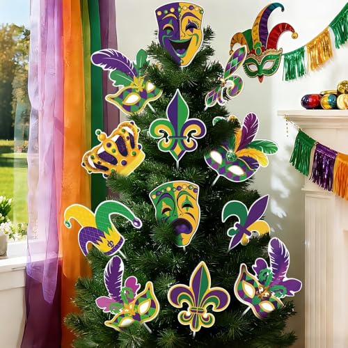 ARQRHTLY Mardi Gras Tree Decorations Set, 12 Pcs Large Carnival Masks Tree Pick Ornaments, Purple Yellow Green Mardi Gras Mask Crown Jester Hat Pick Ornaments for Indoor Outdoor Carnival Party Decor - Image 2