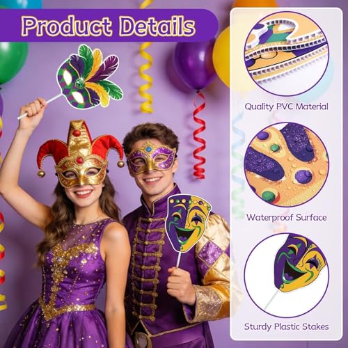 ARQRHTLY Mardi Gras Tree Decorations Set, 12 Pcs Large Carnival Masks Tree Pick Ornaments, Purple Yellow Green Mardi Gras Mask Crown Jester Hat Pick Ornaments for Indoor Outdoor Carnival Party Decor - Image 4