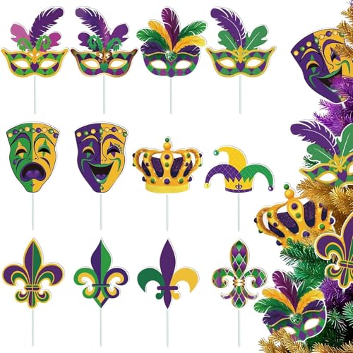 ARQRHTLY Mardi Gras Tree Decorations Set, 12 Pcs Large Carnival Masks Tree Pick Ornaments, Purple Yellow Green Mardi Gras Mask Crown Jester Hat Pick Ornaments for Indoor Outdoor Carnival Party Decor - Image 1