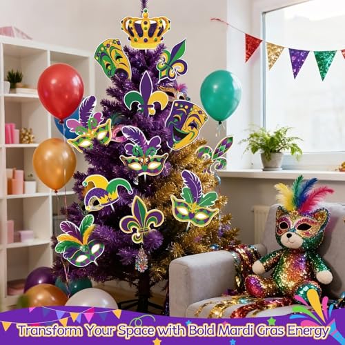 ARQRHTLY Mardi Gras Tree Decorations Set, 12 Pcs Large Carnival Masks Tree Pick Ornaments, Purple Yellow Green Mardi Gras Mask Crown Jester Hat Pick Ornaments for Indoor Outdoor Carnival Party Decor - Image 5