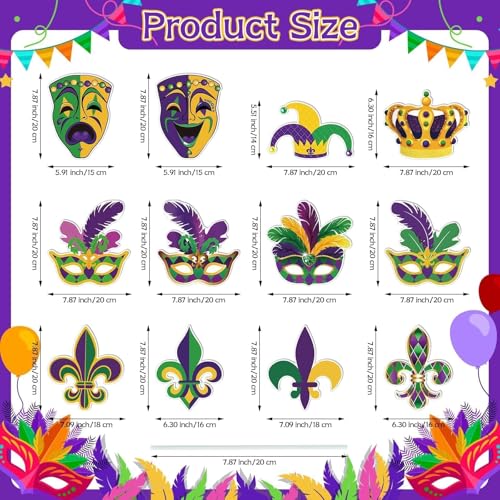 ARQRHTLY Mardi Gras Tree Decorations Set, 12 Pcs Large Carnival Masks Tree Pick Ornaments, Purple Yellow Green Mardi Gras Mask Crown Jester Hat Pick Ornaments for Indoor Outdoor Carnival Party Decor - Image 3