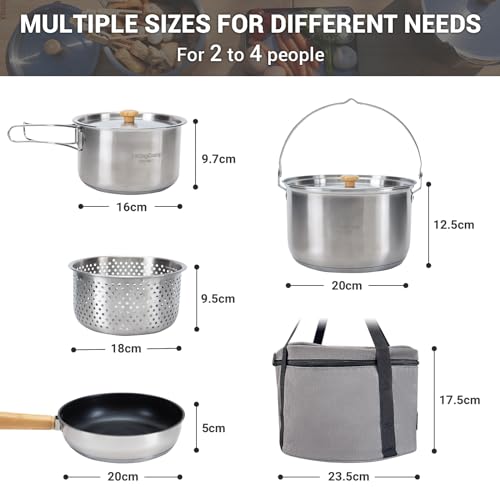 KingCamp Camping Cookware Set, 304 Stainless Steel Campfire Cooking Pots Pan and Kettle with Travel Tote Bag for Camping Outdoor Kitchen Cooking Picnic for 4-6 - Image 2