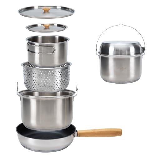 KingCamp Camping Cookware Set, 304 Stainless Steel Campfire Cooking Pots Pan and Kettle with Travel Tote Bag for Camping Outdoor Kitchen Cooking Picnic for 4-6 - Image 1