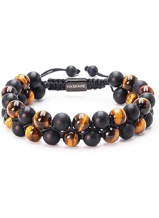 Arabest Premium Tiger Eye Bracelet Gift for Men,  Energy Protection Crystal Real Tigers Eye Black Onyx Beads Bracelets, Handmade Crystal Bracelet Men Bracelets Father  Gift for Him Stress Relief - Image 1