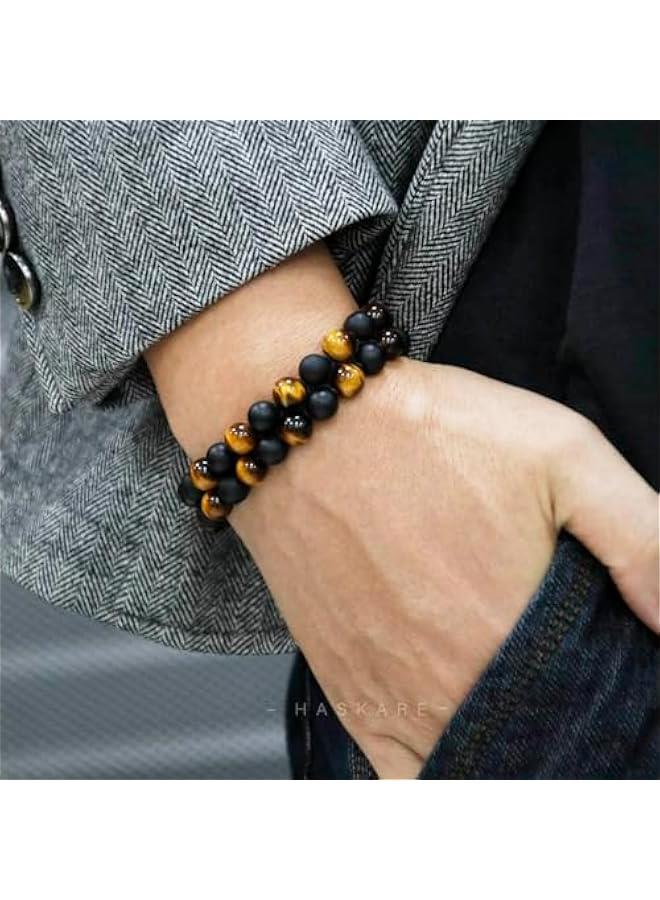 Arabest Premium Tiger Eye Bracelet Gift for Men,  Energy Protection Crystal Real Tigers Eye Black Onyx Beads Bracelets, Handmade Crystal Bracelet Men Bracelets Father  Gift for Him Stress Relief - Image 2